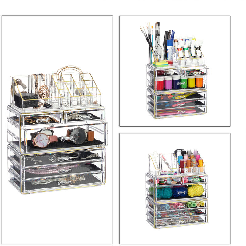 2x Contenitore per Cosmetici a 6 Cassetti, 22 Scomparti, Make Up Organizer,  Porta-Trucchi, Acrilico, Nero