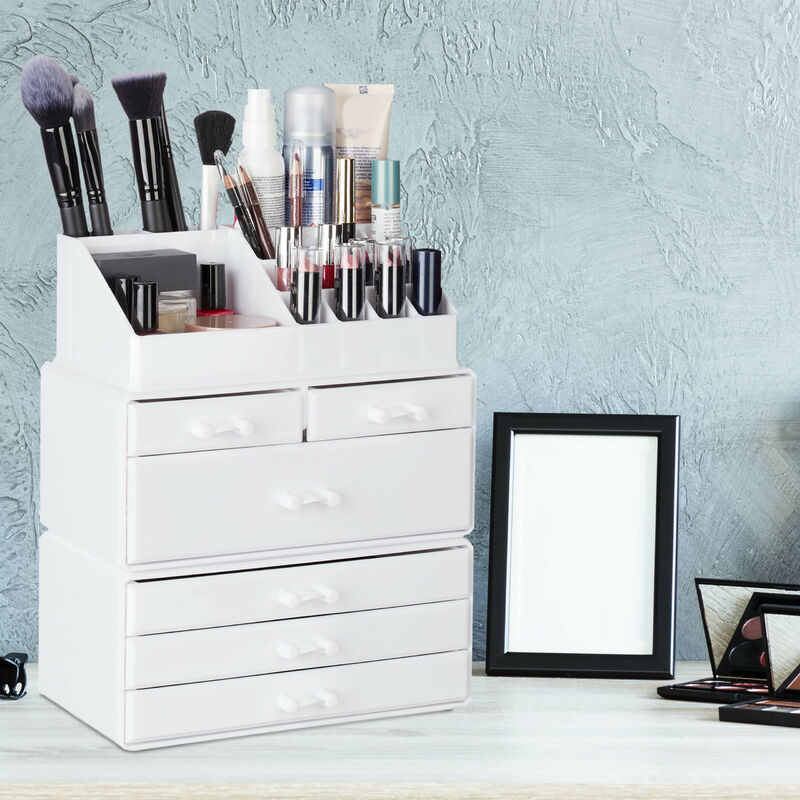 1x Contenitore per Cosmetici a 6 Cassetti, 22 Scomparti, Make Up Organizer,  Porta-Trucchi, Acrilico, Bianco