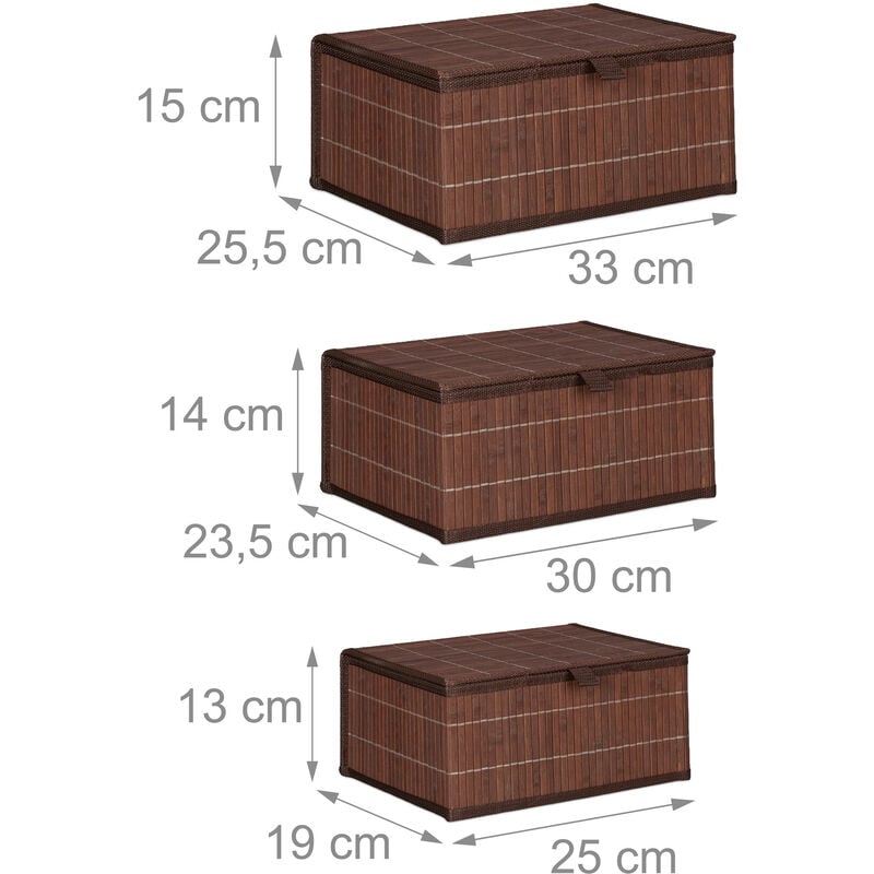 Relaxdays Set da 3 Cesti Portaoggetti, Coperchio & Chiusura a Strappo,  Cestino Contenitore in Bambù per Bagno, Marrone