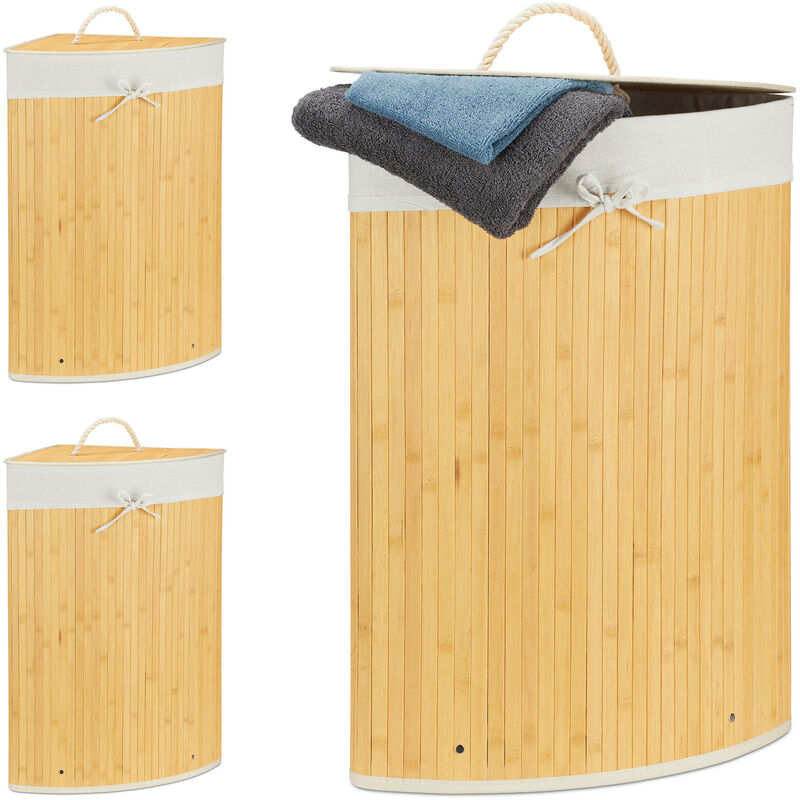 3x Cesta Porta-Biancheria Angolare in Bambù, 60 l, Pieghevole, con  Coperchio, Sacco, 65,5x49,5x37 cm, Crema