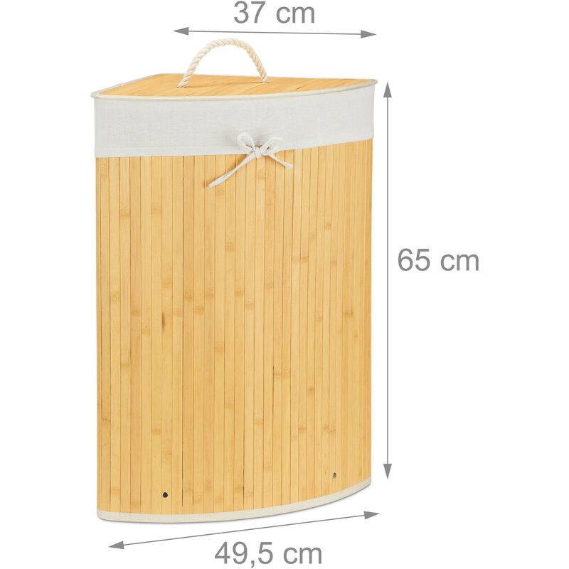 1x Cesta Porta-Biancheria Angolare in Bambù, 60 l, Pieghevole, con Coperchio,  Sacco, 65,5x49,5x37 cm, Crema