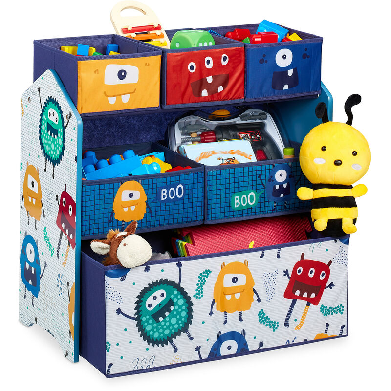 Relaxdays Scaffale Portagiochi, Motivo Mostri, Cameretta Bambini, 6 Box in  Stoffa, HxLxP: 66x 63,5x30 cm, Multicolore