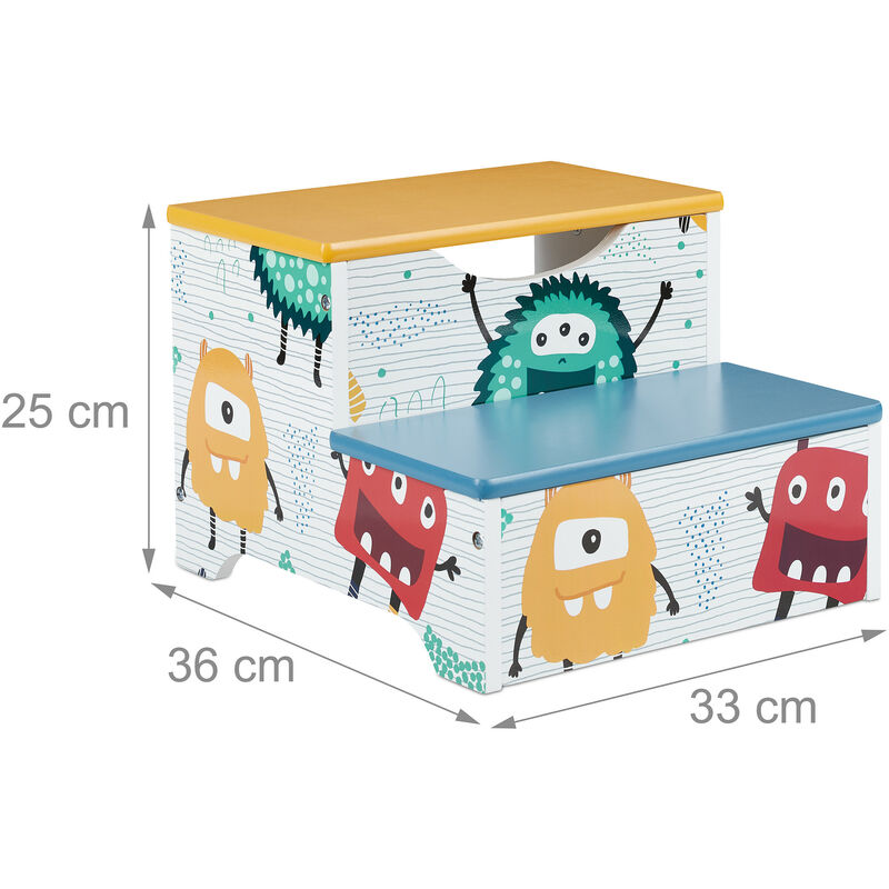 Relaxdays Sgabello per Bambini, Rialzo con 2 Scalini per Cameretta, Bagno,  Alto 25 cm, Design Decorativo, MDF, Colorato