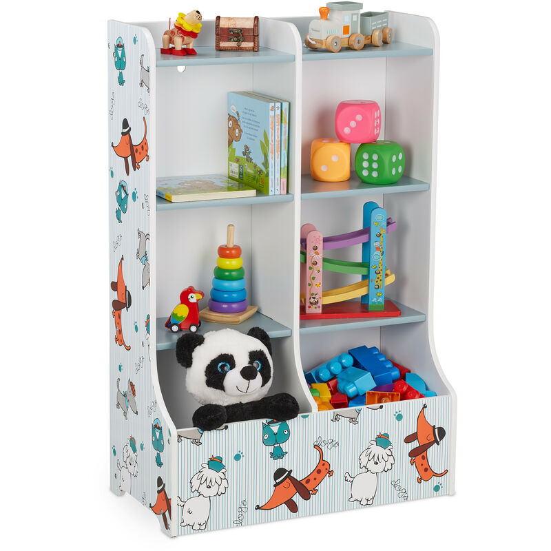 Relaxdays Scaffale Portagiochi con Cagnolini, Cameretta dei Bambini,  Libreria a 8 Ripiani, HLP 90x59x30 cm, Multicolore