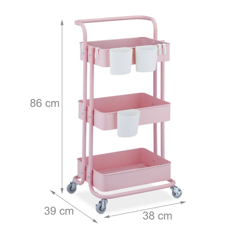 Relaxdays Carrello da Cucina con Ruote, 3 Ripiani, 2 Freni, Portaoggetti  per Bagno e Ufficio, HxLxP 86x38x39 cm, Rosa