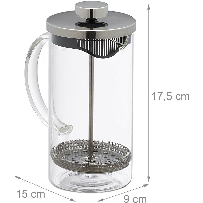 Relaxdays Teiera con Filtro, in Vetro Borosilicato e Acciaio Inox, 600 ml,  Colino a Maglia Fina, Trasparente Argentato