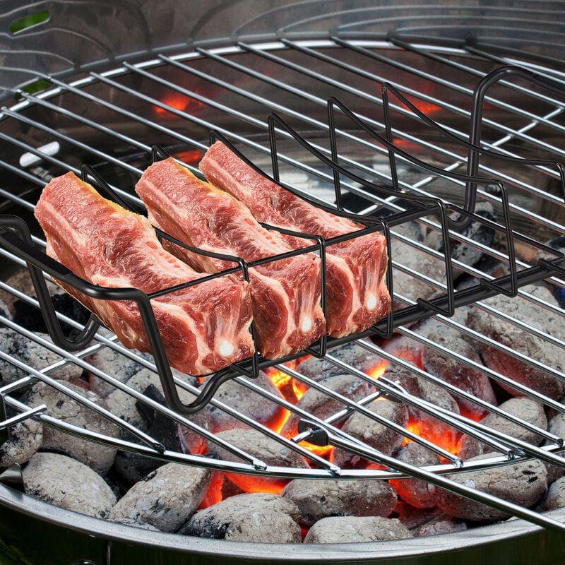 Relaxdays Supporto per Costine, Cestello 2in1 da Barbecue, Rib Rack per  Costolette e Arrosto, Acciaio al Carbonio, Nero