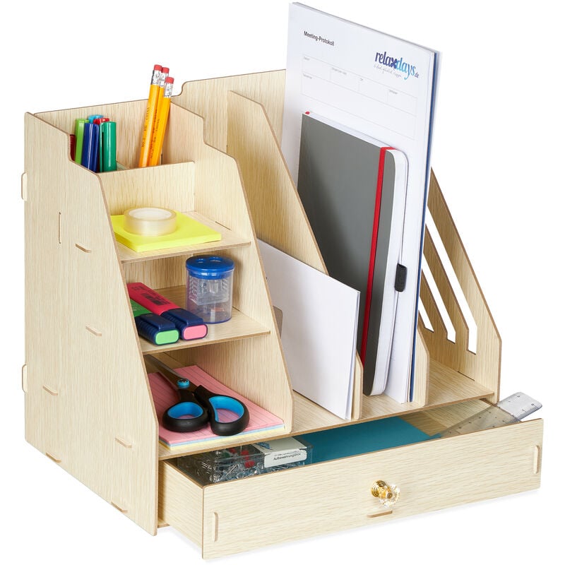 Relaxdays Organizer da Scrivania, in Bambù, 2 Cassetti, 7 scomparti,  Portapenne da Ufficio 15,5 x 33 x 20,5 cm, Naturale