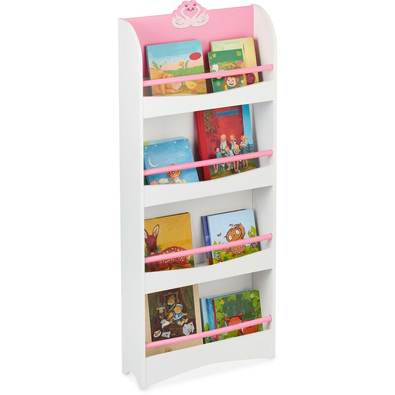 Relaxdays Libreria per Bambini, 124 x 50,5 x 15 cm, Scaffale a 4 Scomparti  Porta Libri Cameretta Bimbi, MDF, Bianco Rosa