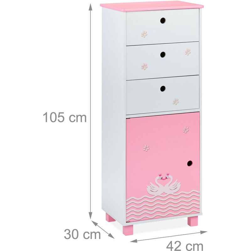 Relaxdays Cassettiera per Bambini, per la Cameretta, 3 Cassetti e 1  Scomparto con Anta, HLP: 105x42x30 cm, Bianco Rosa