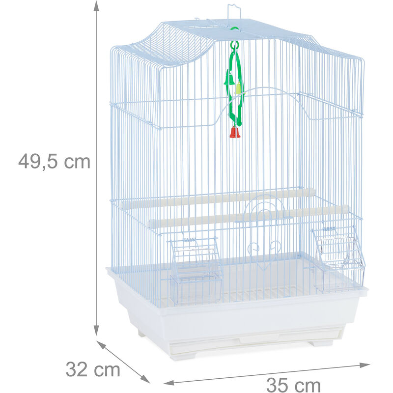 Relaxdays Gabbia per Uccelli, Voliera per Cocorite, Canarini, HLP 49,5x35x32  cm, Silo, Altalena, Posatoi, Celeste Bianco