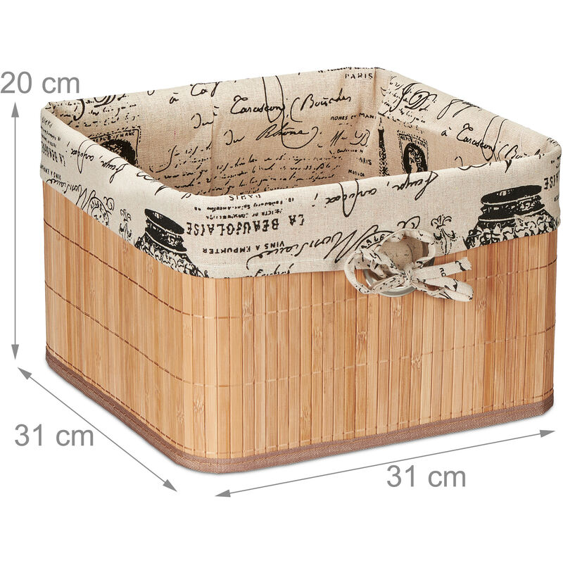 3x Cesto Portaoggetti, in Bambù, Rivestimento in Poliestere, Foro per il  Trasporto, HLP 20x31x31 cm, Naturale Crema