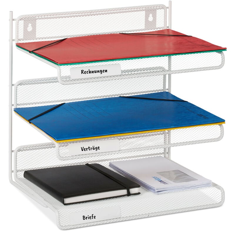 Relaxdays Organizer Portadocumenti in Acciaio, 3 Vaschette, Portalettere  A4, da Parete HLP: 32 x 33 x 24,5 cm, Bianco