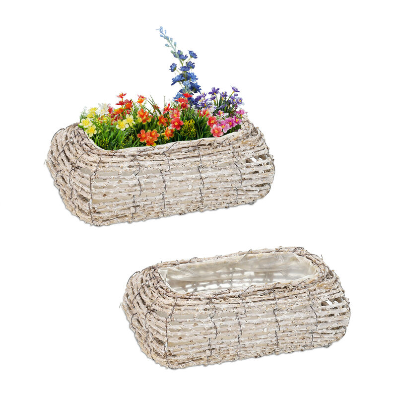 Relaxdays Vasi per Fiori, Set da 2, Fiorere in Rattan con Rivestimento, per  Interni, 10 x 25 x 15 cm, Bianco Naturale