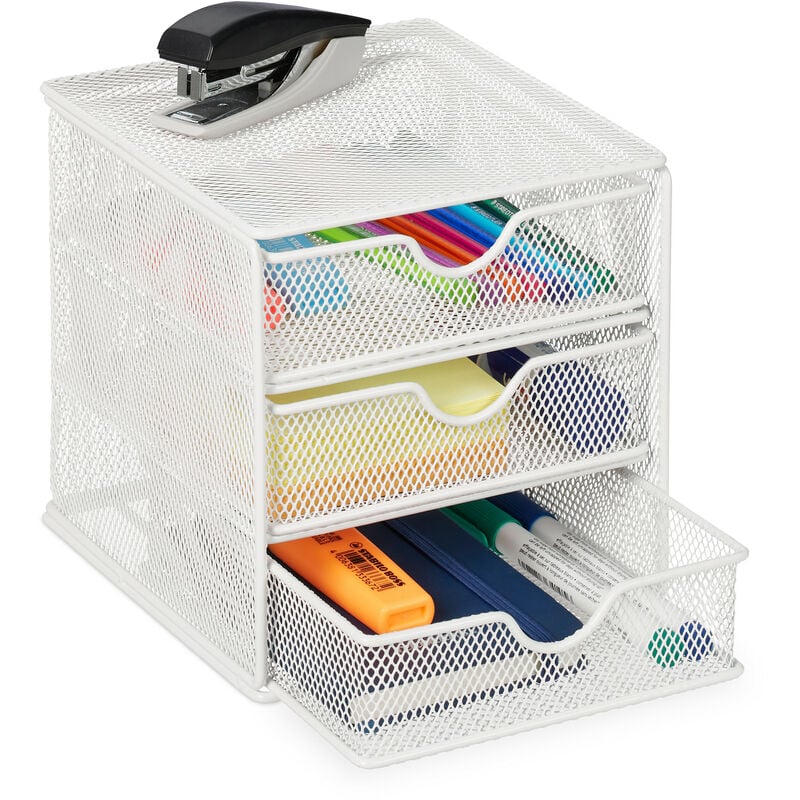 Relaxdays Organizer Portaoggetti da Scrivania, 3 Cassetti, per Cancelleria  Ufficio, Acciaio, HLP: 17x16x17 cm, Bianco