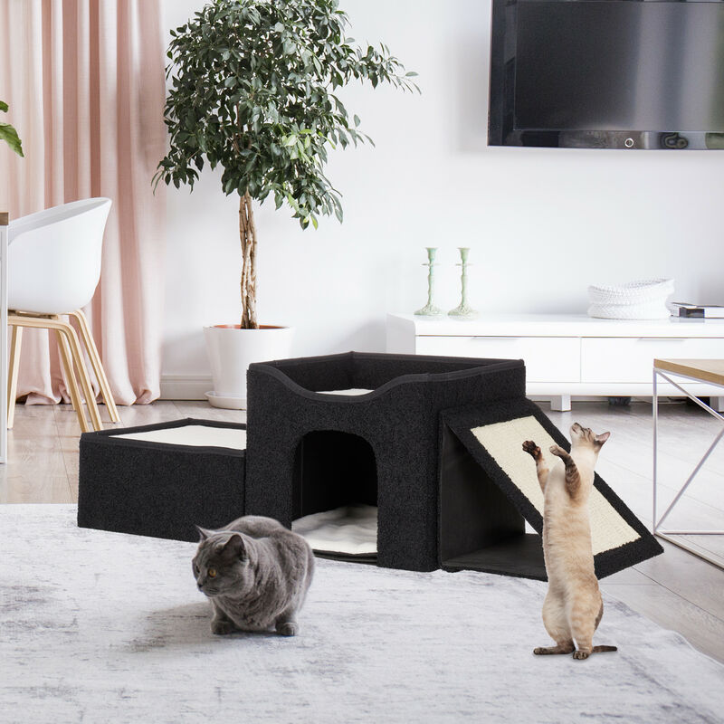 Cuccia Per Gatti Relaxdays A 3 Posti Con Tiragraffi E Rampa - Pieghevole In Nero, Accogliente E Pratica