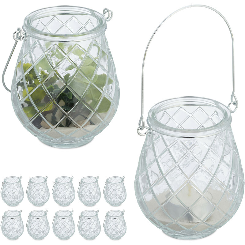 Relaxdays Vasetti Portacandele, Set 12 Vasi in Vetro Ampolle con Manico  Indoor Outdoor HxD 10x8,5cm, Trasparente Argento