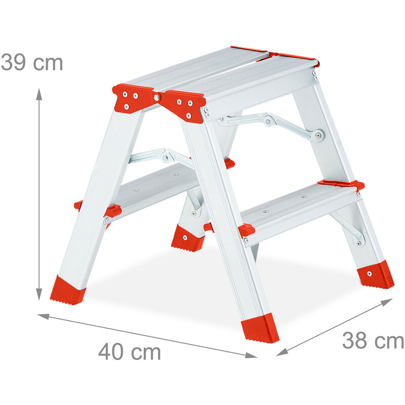 Relaxdays Scala in Alluminio, Pieghevole, 2 Gradini Carico fino 120 kg,  Scaletta Bilaterale, Argentato Rosso