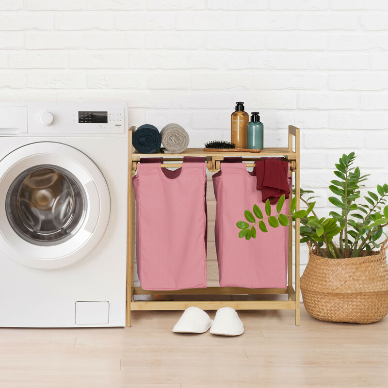 Relaxdays Scaffale Portabiancheria, Mobiletto Bagno in Bambù con 2 Sacchi  Rimovibili 73x64x33 cm, Marrone Chiaro Rosa