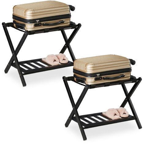 Relaxdays Portavaligie da Camera Pieghevole, Set da 2, Reggi Valigia in Legno, 2 Ripiani, Hotel, 54 x 66 x 45 cm, Nero