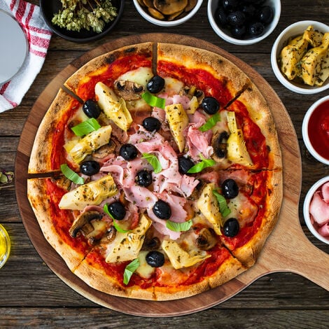 Relaxdays Piatto per Pizza con Manico, Ø 35,5 cm, Tagliere Rotondo in Legno  di Acacia