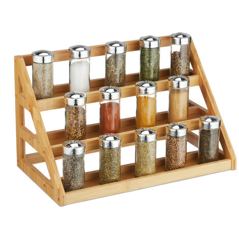 Relaxdays Portaspezie da Appoggio, Organizer Cucina, 3 Gradini per Spezie, 23x25,5x15,5 cm, Spice Rack, Bambù, Naturale