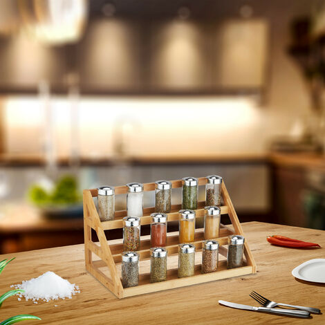 Relaxdays Organizer Da Cucina In Bambù Estensibile - 4 Scomparti E 2 Ripiani, Per Spezie, Tazze, Cialde Caffè E Tè, Naturale, 18x33x15 Cm