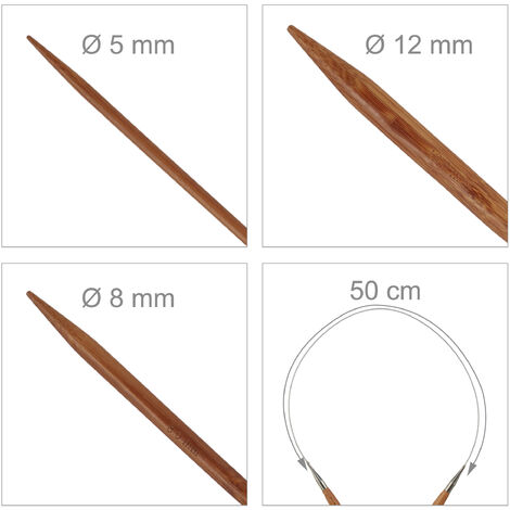 Relaxdays Kit Ferri Circolari da Maglia 50 cm, Set da 6 Knitting Needles a Doppia  Punta, Ø 3-12 mm, Naturale Argentato