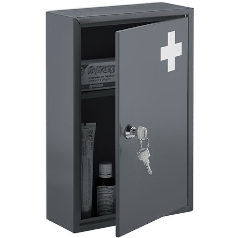 Relaxdays Armadietto Pronto Soccorso per Medicinali, Cassetta con Chiusura di Sicurezza, 32x21,5x9,5 cm, Grigio Bianco
