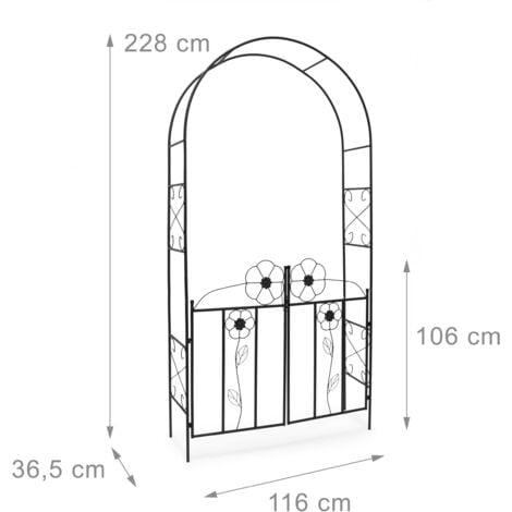 Relaxdays Arco per Rose con Cancello in Ferro, Struttura per Piante e Fiori  Rampicanti, HLP: 228 x 116 x 36,5 cm, Nero