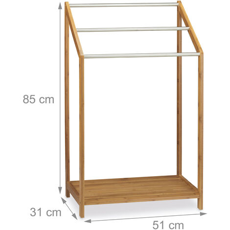 Relaxdays Porta Asciugamani in Bambù, con 3 Aste, Stand da Terra per Bagno, Moderno, HLP 85 x 51 x 31 cm, Legno Naturale