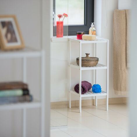 Relaxdays Scaffale da Bagno, in Bambù, Ripiani Portaoggetti, Mobiletto Salvaspazio, 80x34,5x33 cm, Mobile Cucina, Bianco