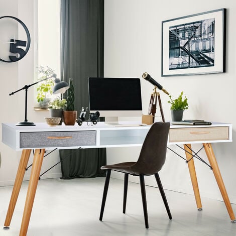 Relaxdays scrivania, stile scandinavo, 3 scomparti, 2 cassetti, tavolo laptop HxLxP: 74 x 125 x 60 cm ca., legno, bianca