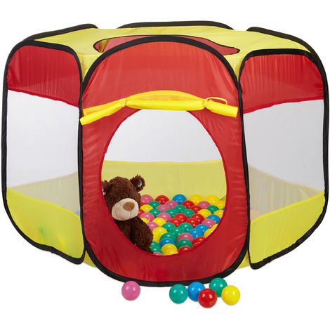 Relaxdays Piscina con 100 palline per bambini da 3 anni tenda pop up ball  pool HLP: 70x85x100 cm, esagonale rosso giallo