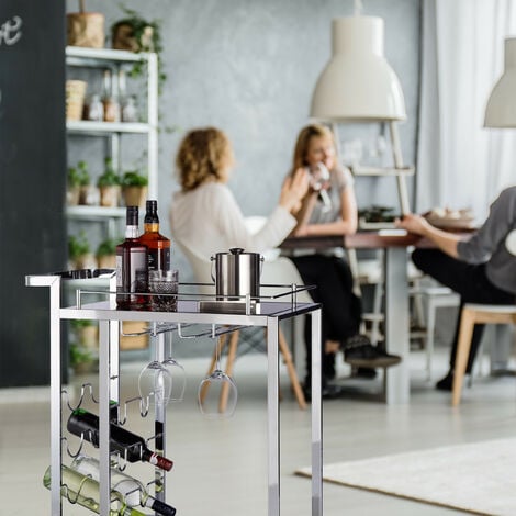 Relaxdays 10020779 Carrello Portavivande da Cucina Baron, Nero, Metallo, Vetro, con Portabottiglie, HxLxP 75 x 40 x 70 cm