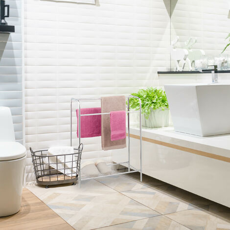 Porta Asciugamani Da Terra In Bamb&ugrave; - 3 Bracci, 2 Ripiani, Design Naturale, Per Bagno O Camera