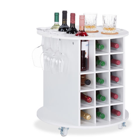 Relaxdays Mobile Portabottiglie Vino con Ruote Piroettanti, 6 Portabicchieri, Scaffale per 17 Bottiglie, Rotondo, HxD: 56x54 cm, Bianco