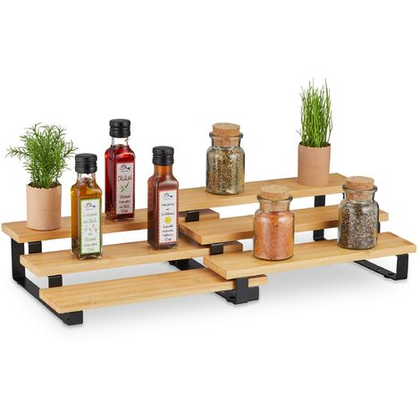 Relaxdays Porta Spezie in Bambù, 3 Livelli, Allungabile, Scaffale Organizer da Cucina, HLP 11,5 x 32 x 24,5 cm, Naturale