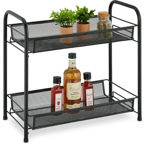 Relaxdays Scaffale Portaspezie a 2 Ripiani, Organizer da Tavolo da Cucina o  Mensola Bagno per Make-Up, in Metallo, Nero