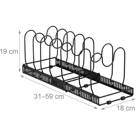 Relaxdays Supporto Portapadelle Estraibile, Organizer per Pentole, Rastrelliera  per Coperchi, 19x59x18 cm, Ferro, Nero