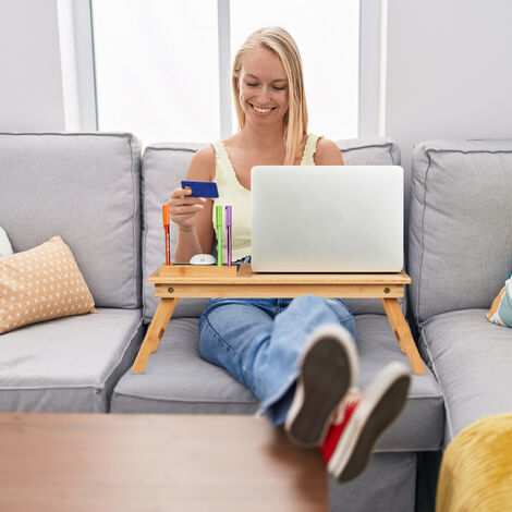 Scrivania Pieghevole Per Laptop In Bambù Ejoyous | Con Cassetto E Porta Bevande | Reclinabile