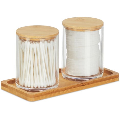 Relaxdays Porta Cotton Fioc, Bagno, 2 Box in Plastica per Dischetti di  Cotone, Coperchi in Bambù