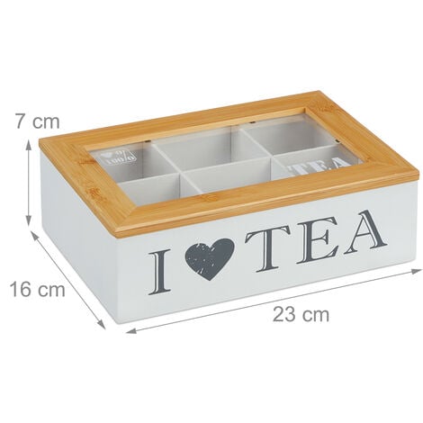 Relaxdays Scatola Porta Tè e Tisane, Organizer Cassetti 6 Scomparti,  7x23x16 cm Tea Box con Coperchio