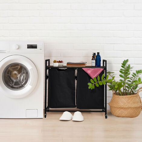 Relaxdays Wäschekorbregal, 2 ausziehbare Fächer, rollbare Wäscheablage,  Wäschesammler, Industrial Design, schwarz/braun