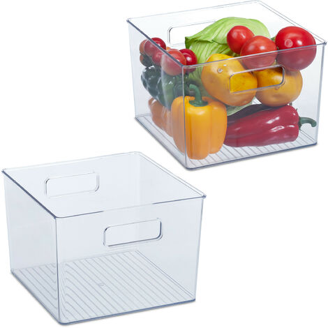 2x Organizer da Frigorifero, Contenitore da Cucina, Box per Alimenti, HLP: 15,5x21x21 cm, con Manici, Trasparente (1/5)