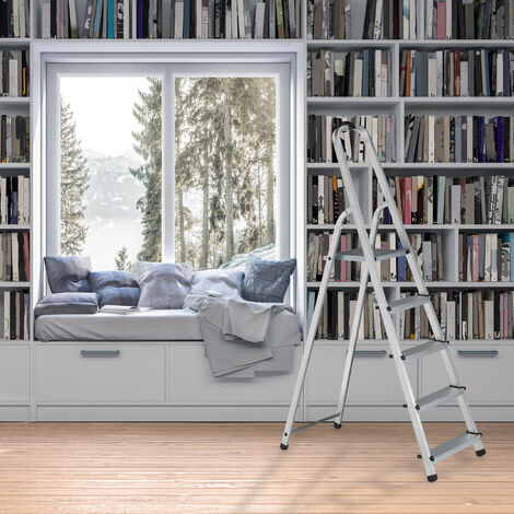 Scaletta In Alluminio Relaxdays 4 Gradini – Con Barra Di Sicurezza, Portata 150 Kg, Pieghevole, 137x43x75 Cm