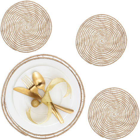 Relaxdays Tovagliette Sottopiatto in Palma Intrecciata, Ø 35 cm, Set da 4 Placemat Americane, Sottopentola, Naturale