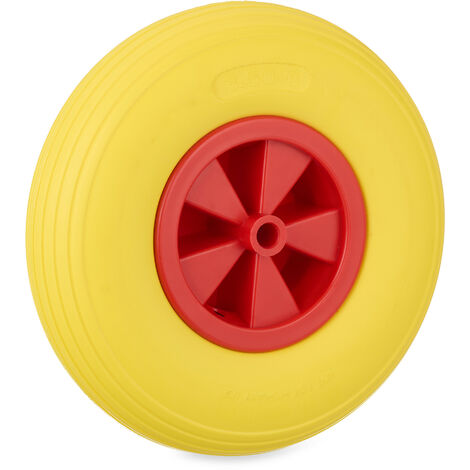 Relaxdays Ruota per Carriola 3.50-6, Gomma Piena, Cerchione Plastica, Ruotino Scorta Antiforatura, 100 kg, Giallo Rosso