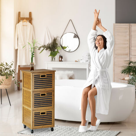 Relaxdays Scaffale Su Ruote In Bambù, 5 Scomparti, 85x90x31 Cm, Carrello Portariviste Con Maniglie, Mobile Multiuso Per Cucina, Bagno E Salotto, Capacità 70 Kg