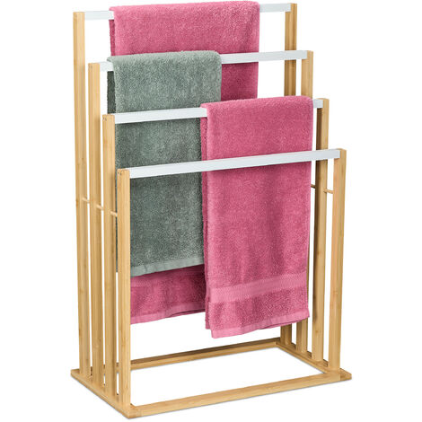 Relaxdays Piantana Portasciugamani in Bambù da Bagno, 4 Bracci Appendi Asciugamani, HLP: 82x55x31 cm, Bianco Naturale